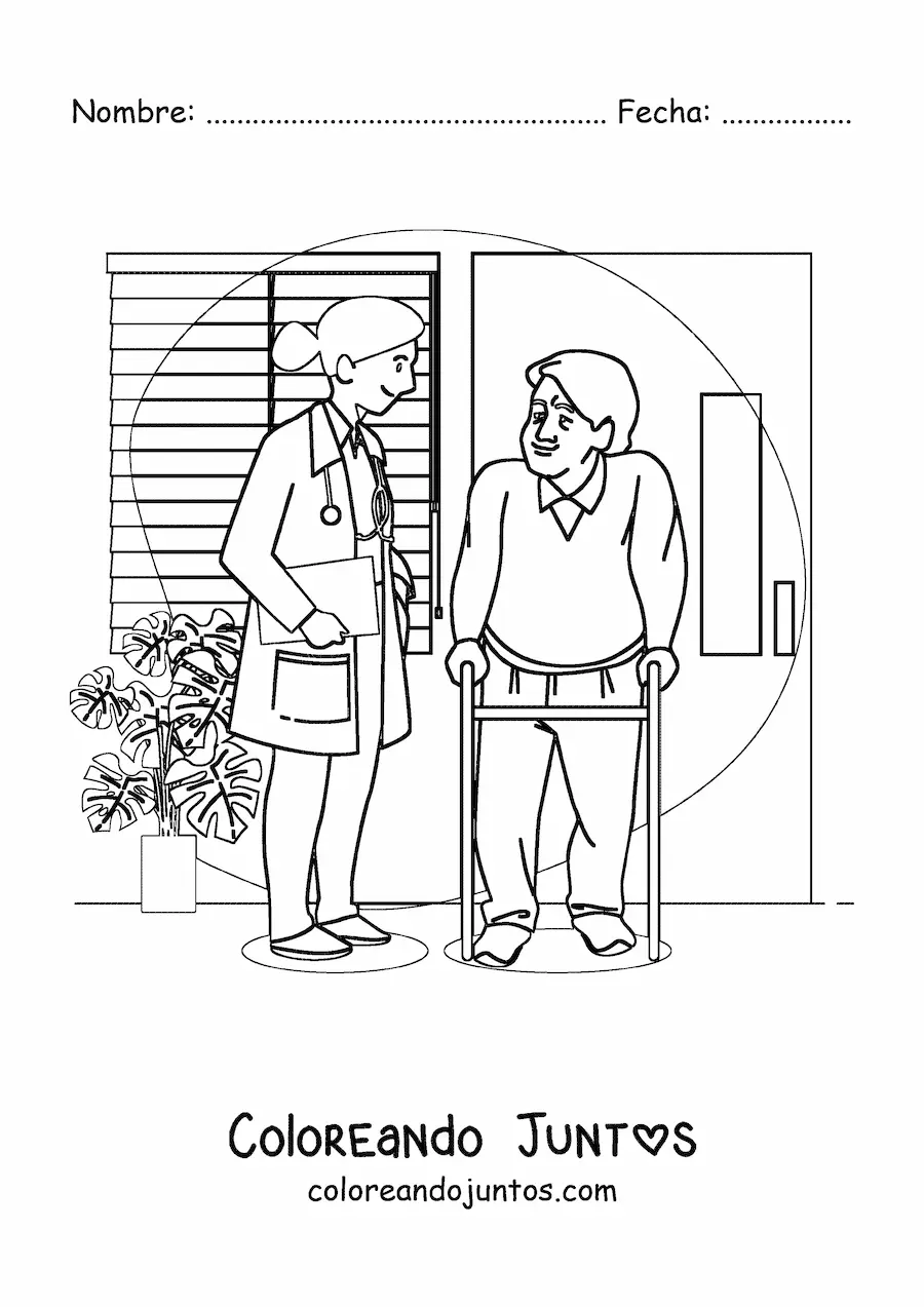Imagen para colorear de una médico hablando con un paciente mayor en un consultorio