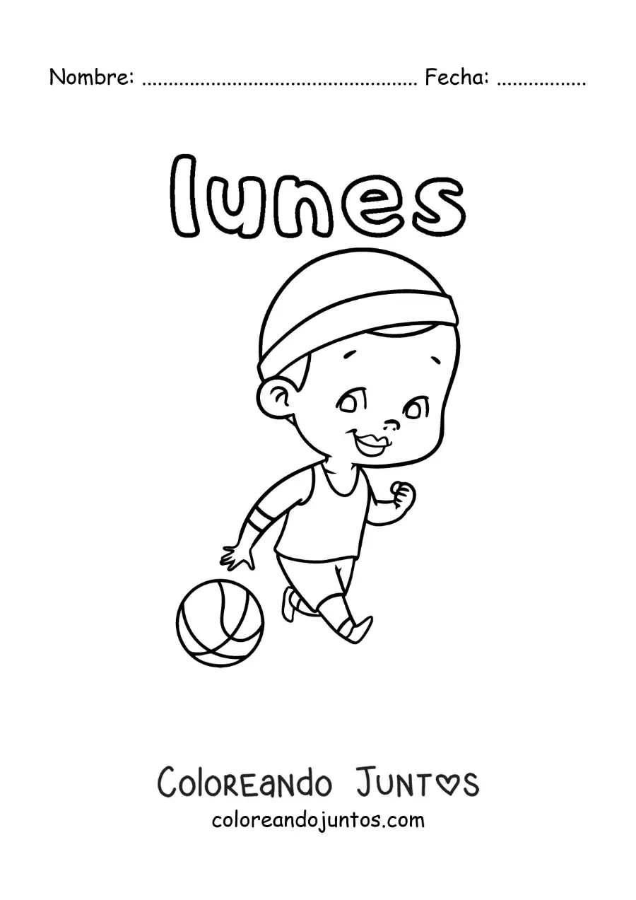 Imagen para colorear del día lunes con un niño practicando baloncesto