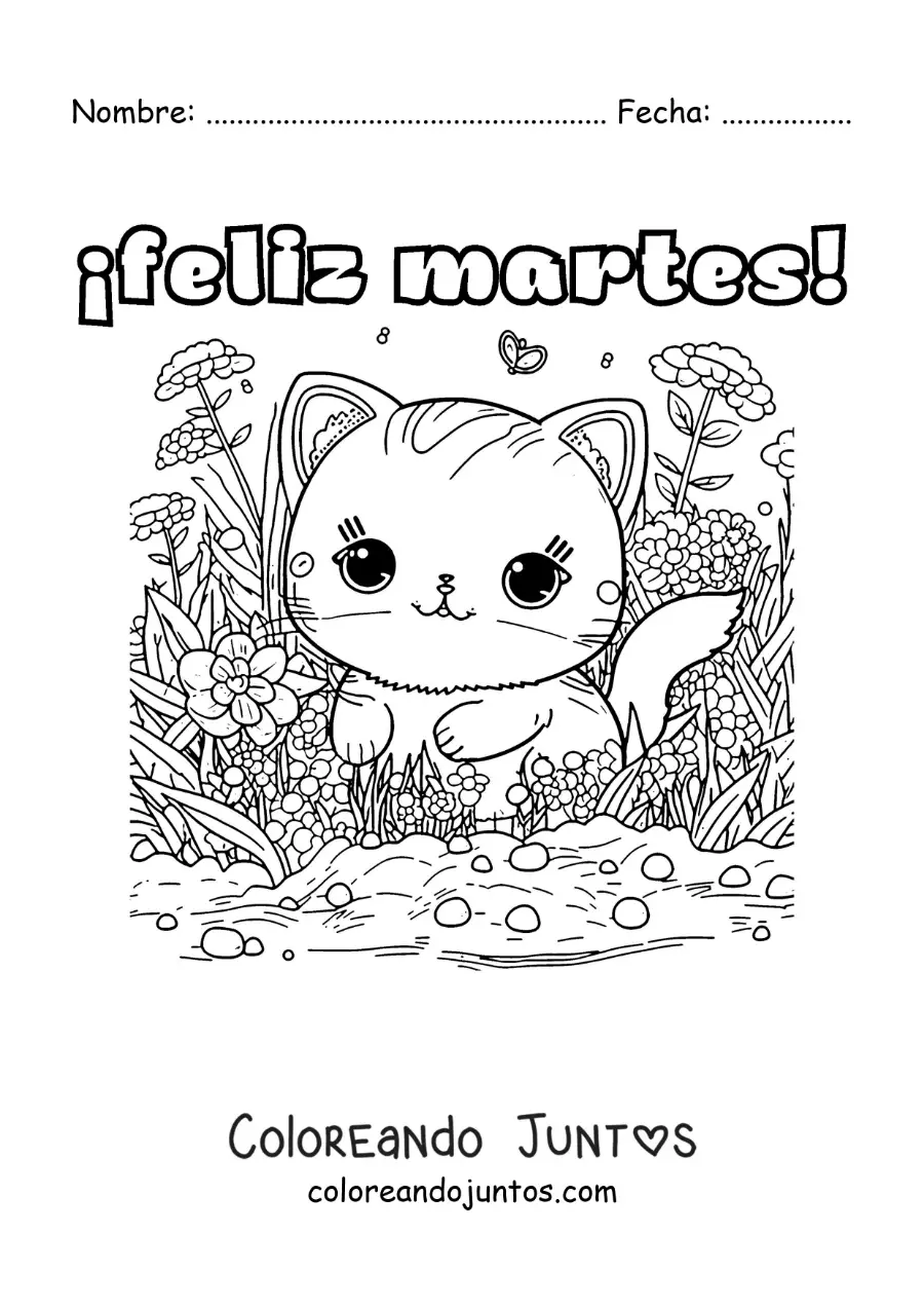 Imagen para colorear de feliz martes con un gato tierno con flores