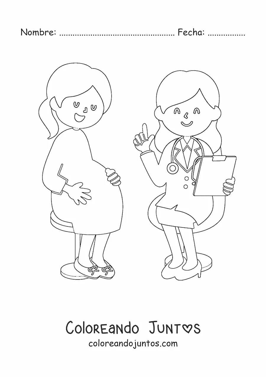 Imagen para colorear de una médico ginecólogo con una paciente embarazada kawaii