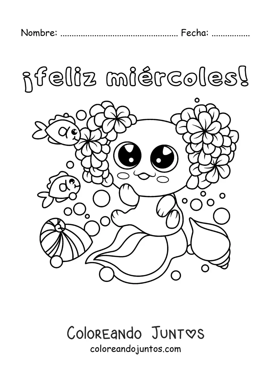 Imagen para colorear de feliz miércoles con un axolotl animado kawaii