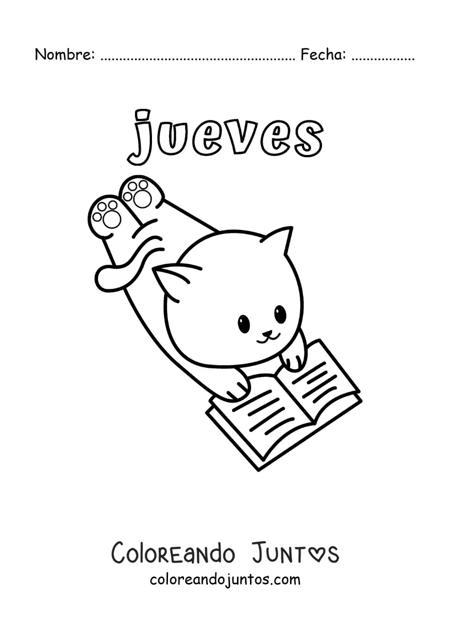 Imagen para colorear del día jueves con un gato animado leyendo un libro