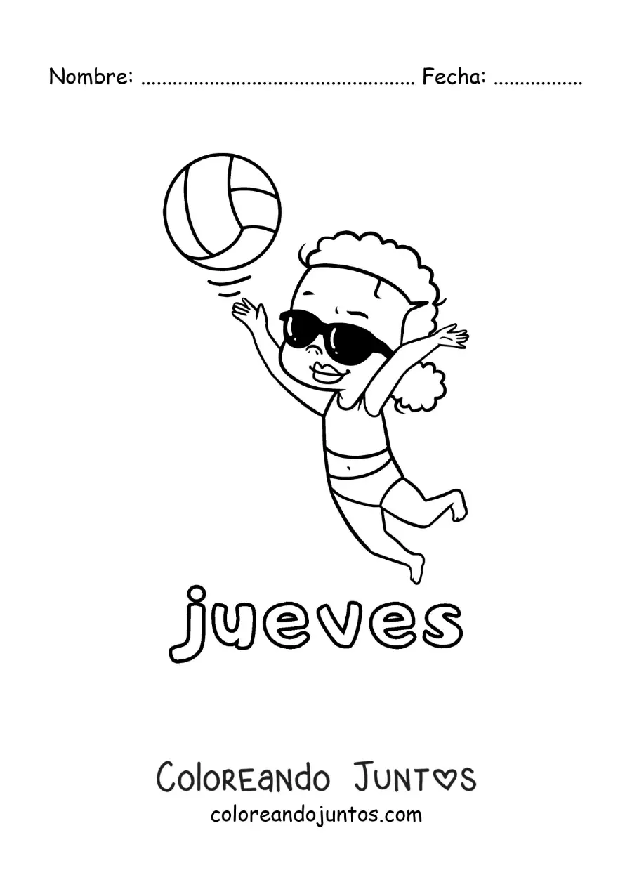 Imagen para colorear del día jueves con una niña jugando voleibol