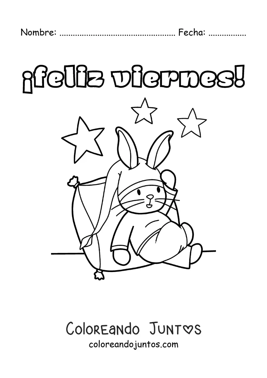 Imagen para colorear de feliz viernes con un conejo animado durmiendo en pijamas