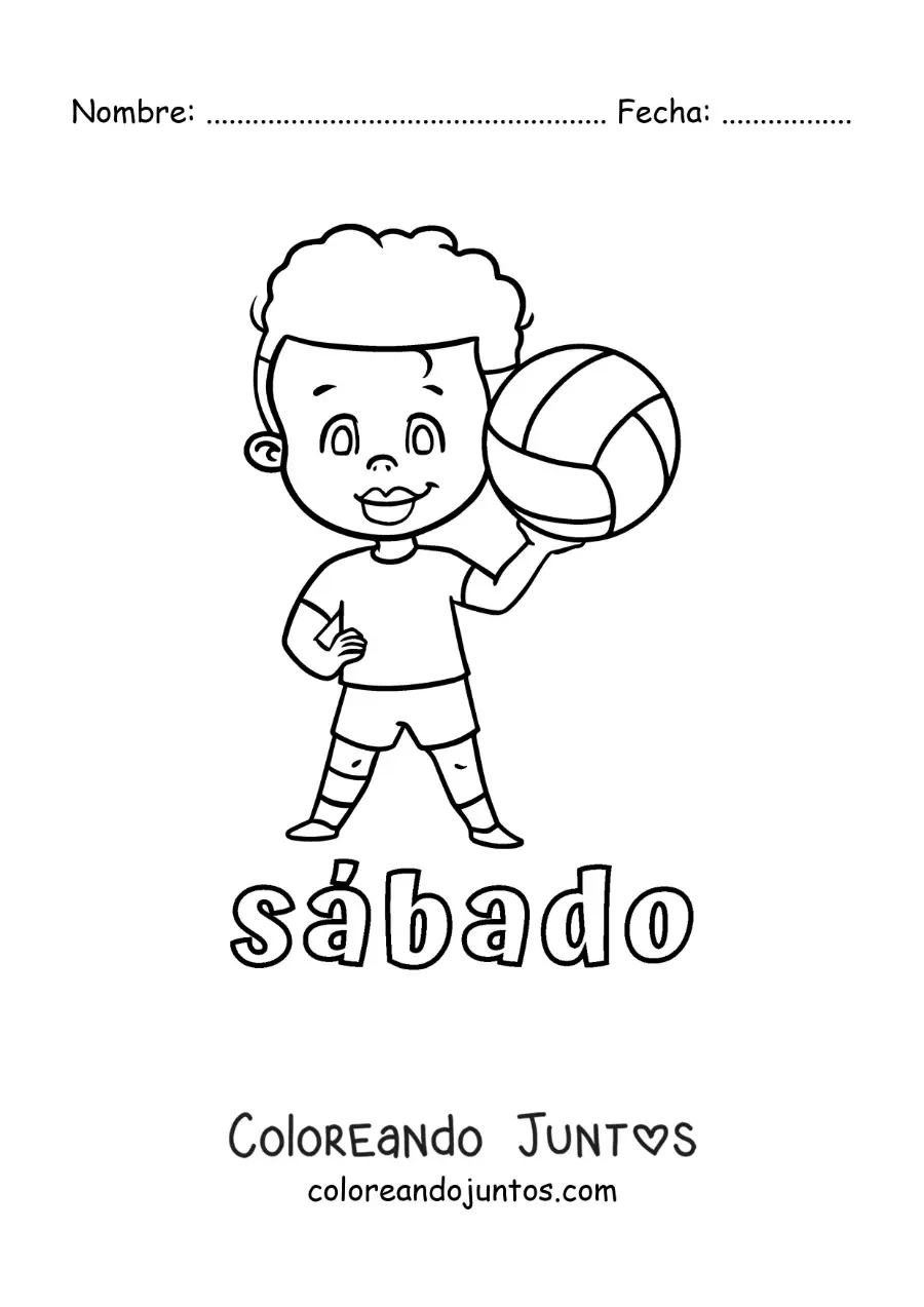 Imagen para colorear del día sábado con un niño jugando voleibol