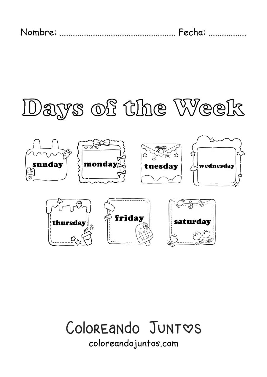 Imagen para colorear de fichas con los días de la semana en inglés