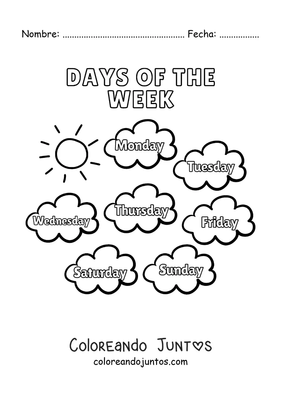 Imagen para colorear de nubes con los días de la semana en inglés