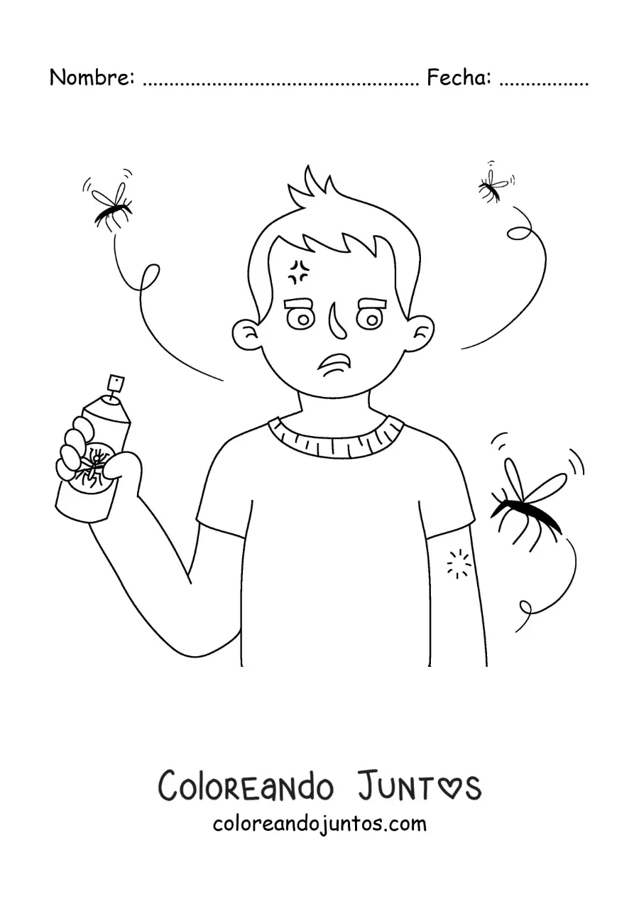 Imagen para colorear de un chico con repelente para mosquitos