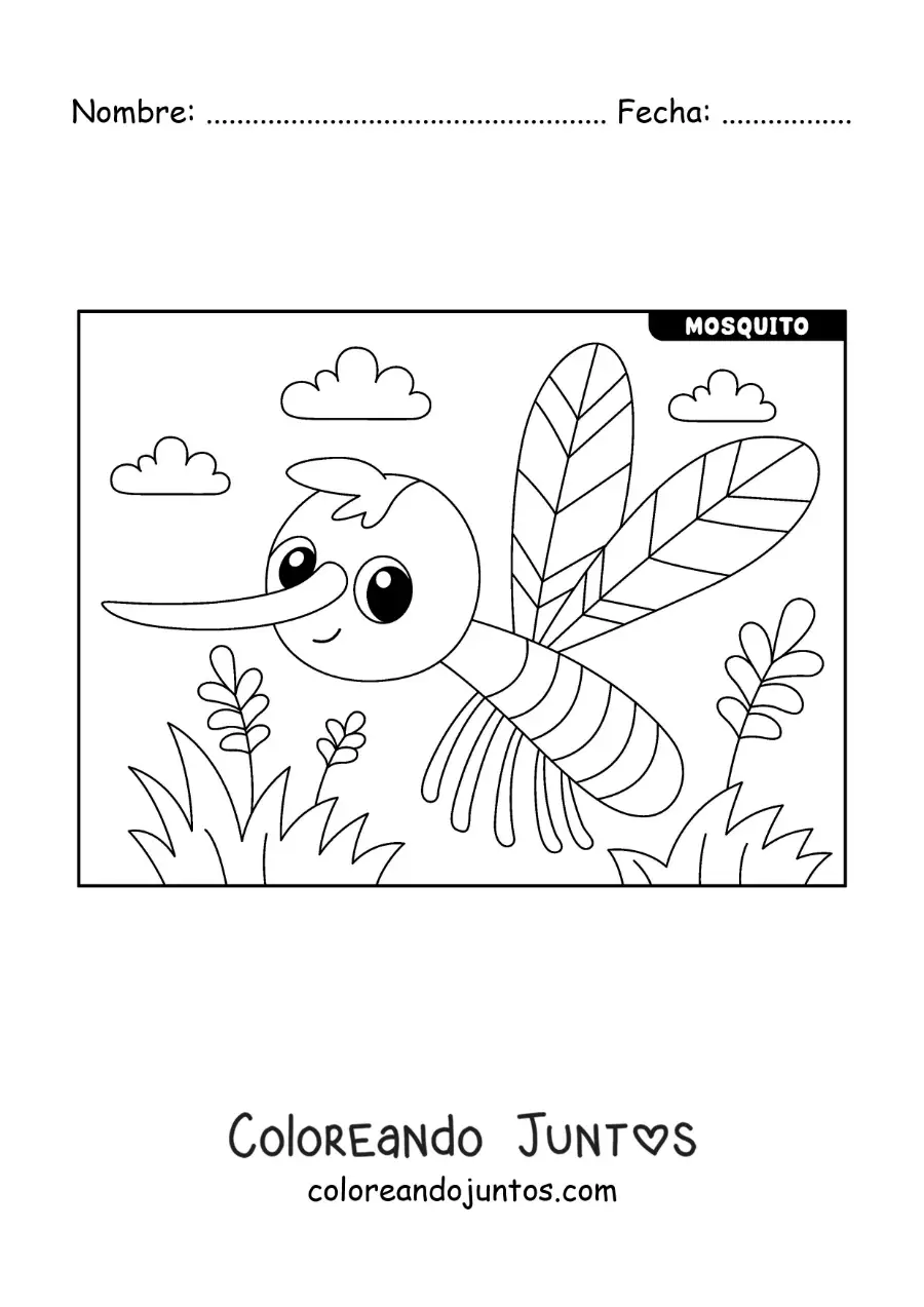 Imagen para colorear de un mosquito aedes aegypti animado con flores