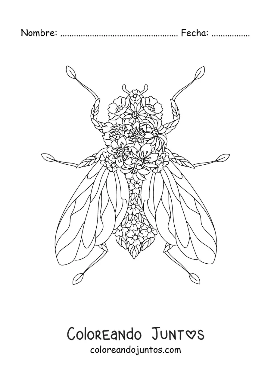 Imagen para colorear de una mosca con flores