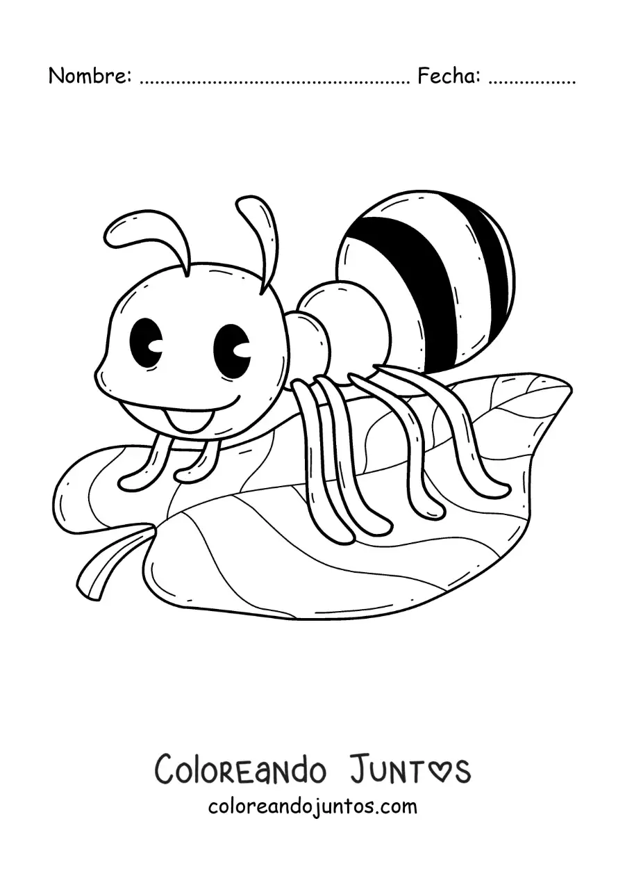 Imagen para colorear de una hormiga animada en una hoja