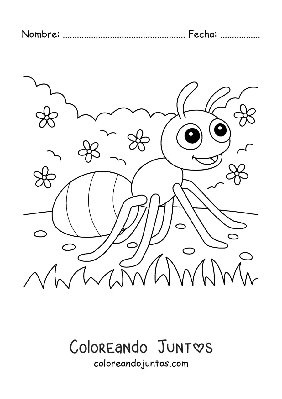 Imagen para colorear de una hormiga animada en un jardín