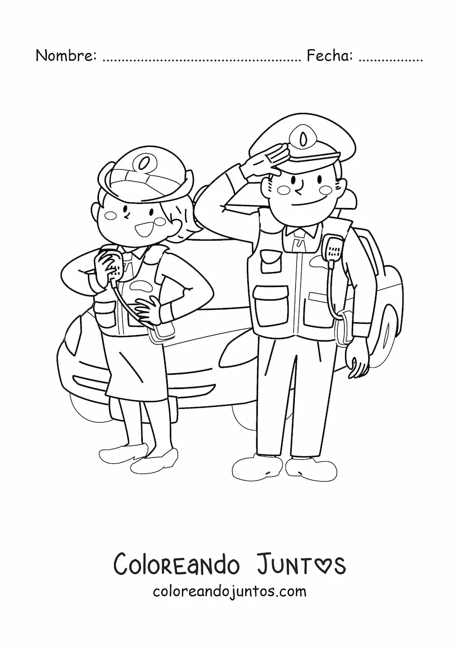 Imagen para colorear de un par de policías animados junto a una patrulla