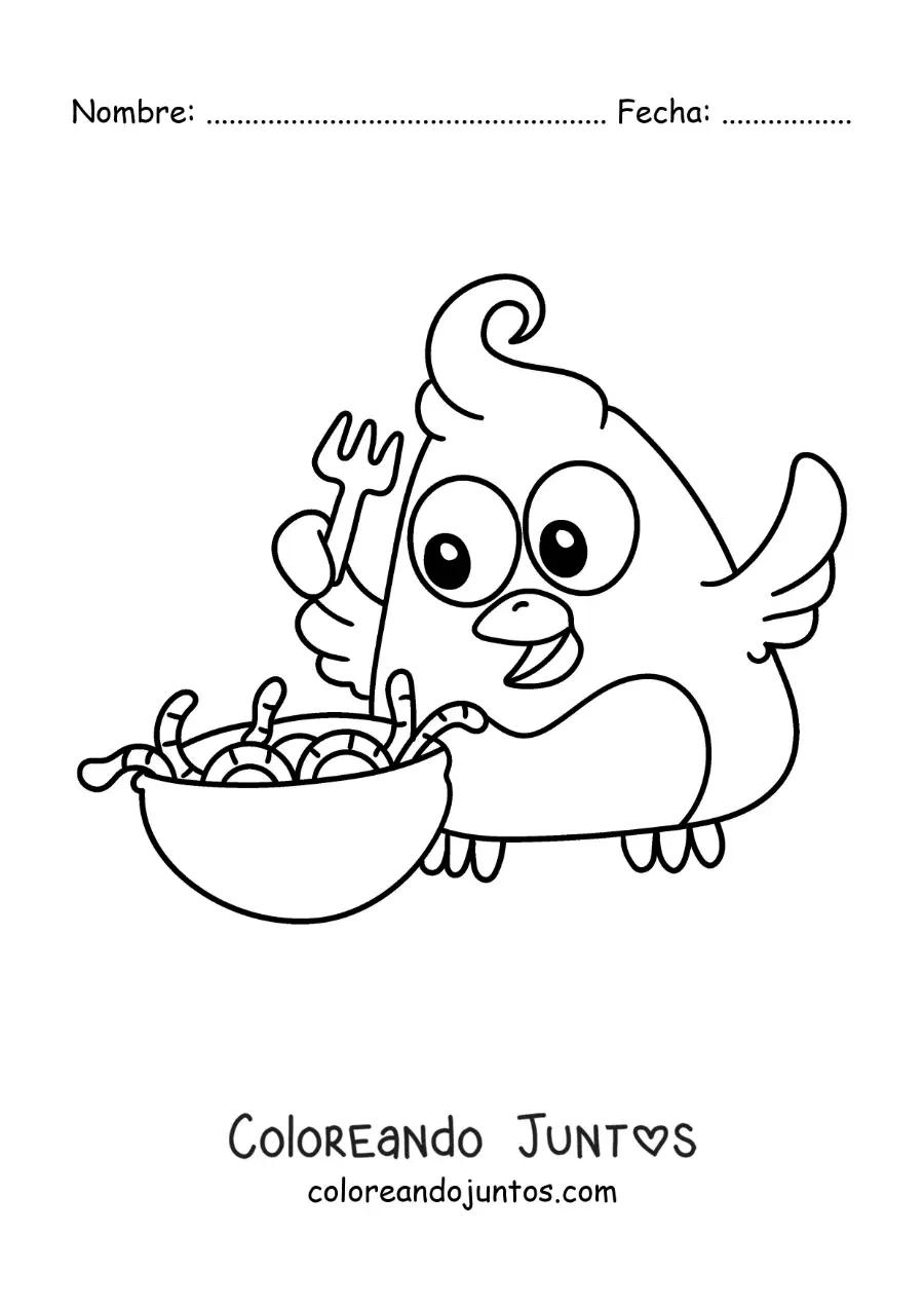 Imagen para colorear de un pájaro animado comiendo un plato de lombrices