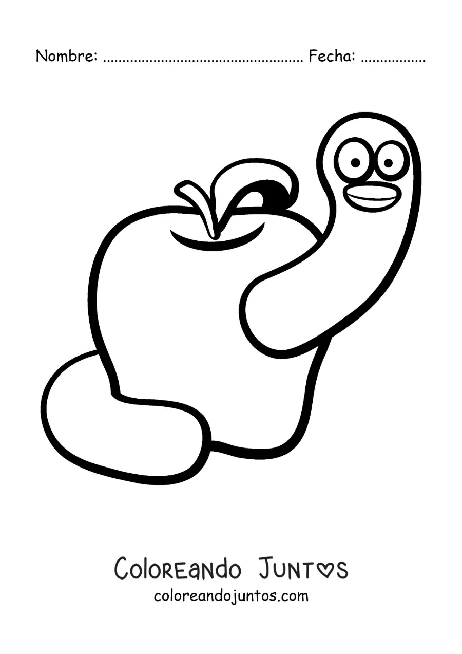 Imagen para colorear de caricatura de un gusano animado en una manzana