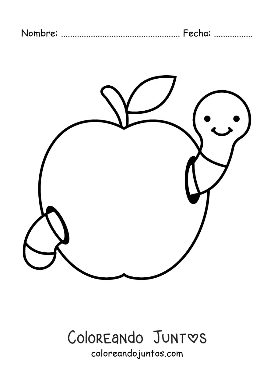 Imagen para colorear de gusano animado fácil en una manzana