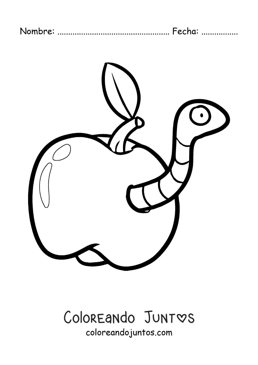 Imagen para colorear de gusano gracioso animado en una manzana