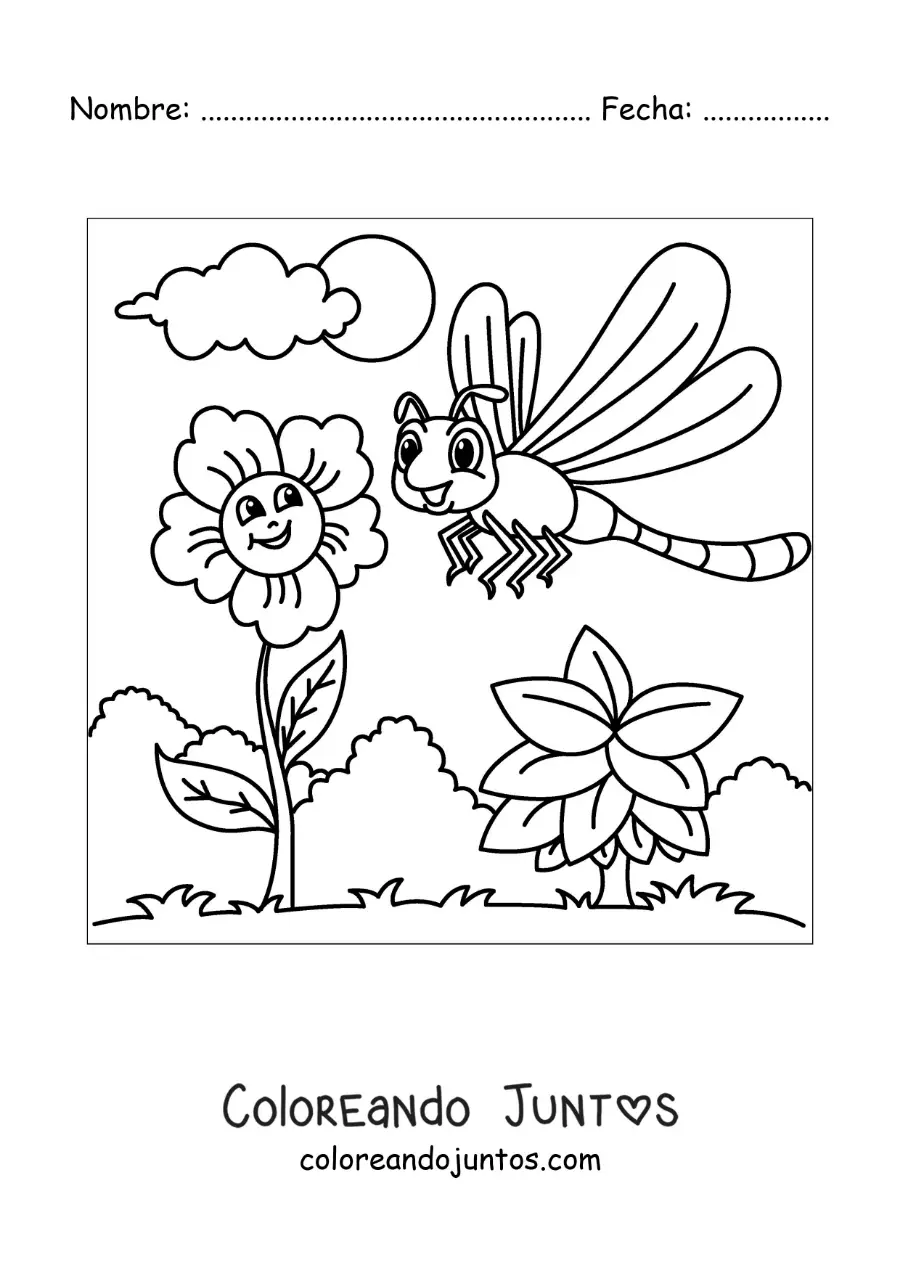 Imagen para colorear de libélula animada junto a unas flores