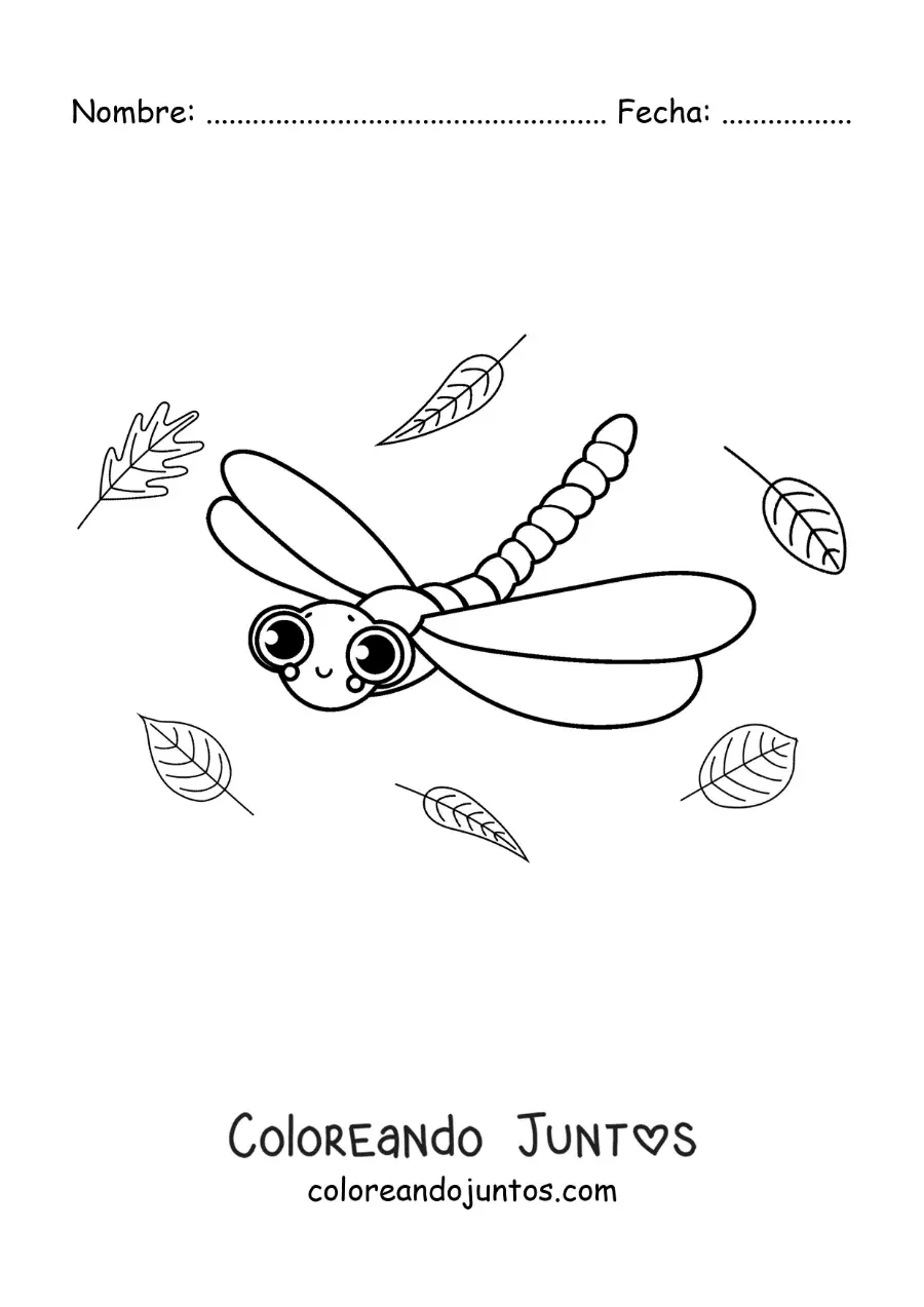 Imagen para colorear de una hermosa libélula animada volando con hojas
