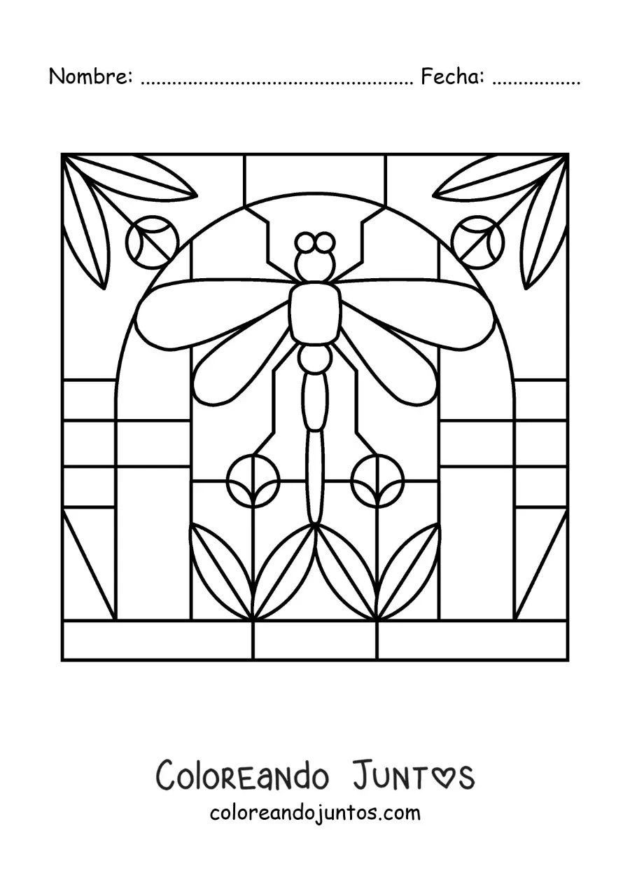 Imagen para colorear de vitral con dibujo de libélula y flores