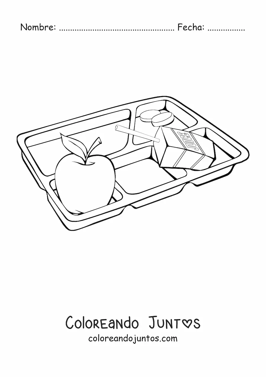 Imagen para colorear de una bandeja de almuerzo escolar con una manzana y una caja de jugo