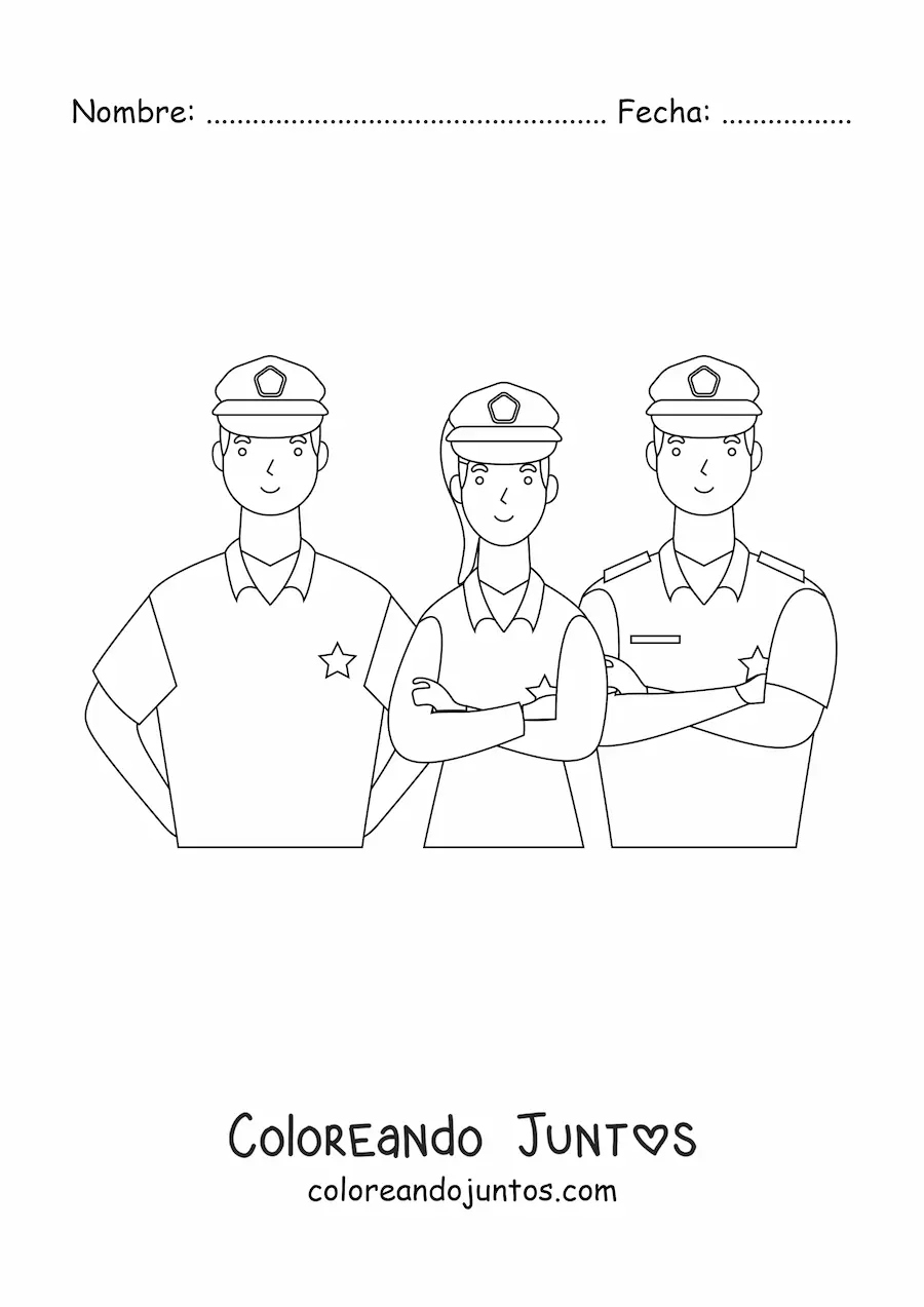 Imagen para colorear de tres policías mirando al frente