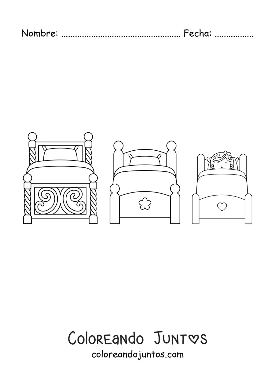 Imagen para colorear de Ricitos de Oro durmiendo en las camas de los tres osos