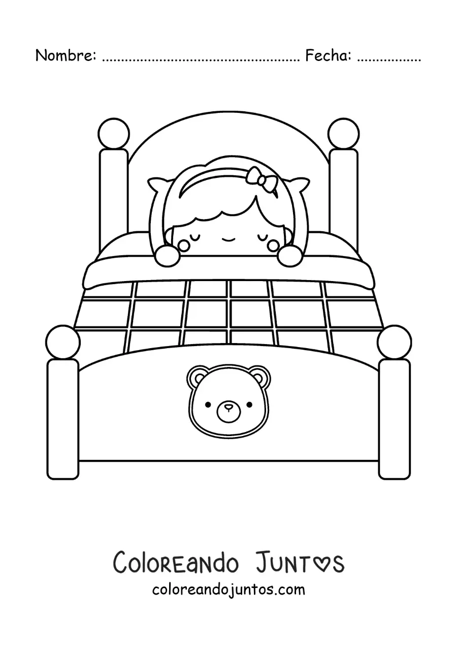 Imagen para colorear de Ricitos de Oro durmiendo en la cama de los tres ositos