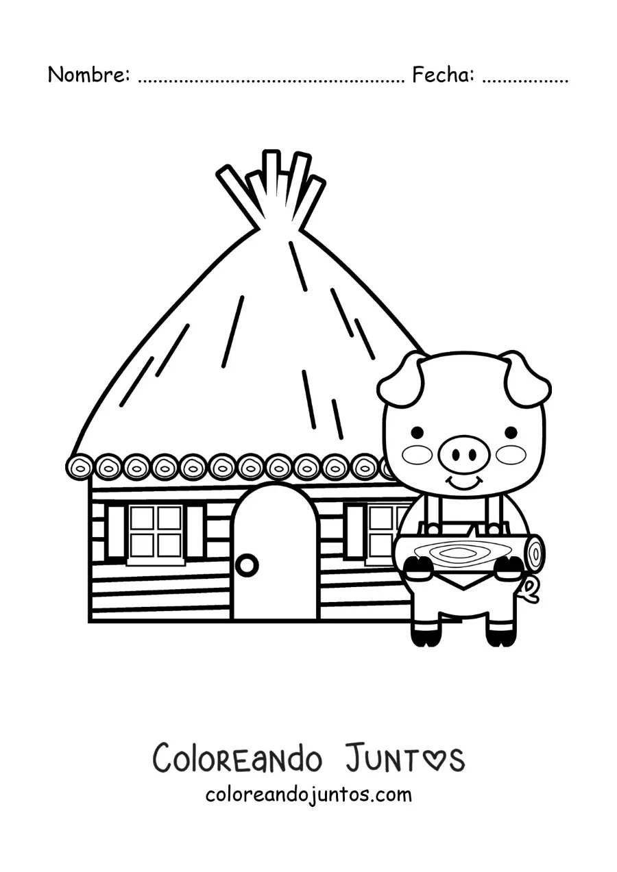 Imagen para colorear de uno de los tres cerditos con su casa de madera