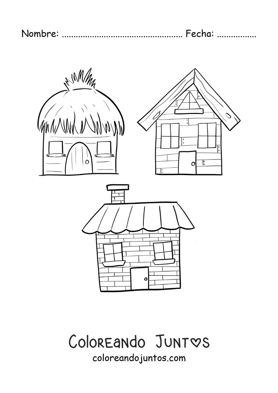 Imagen para colorear de las casas de los tres cerditos