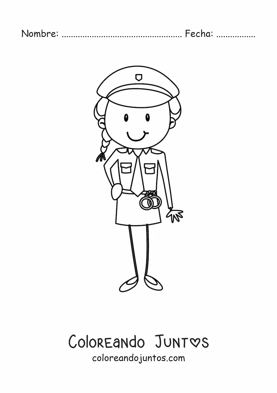 Imagen para colorear de una caricatura de una mujer policía con un par de esposas
