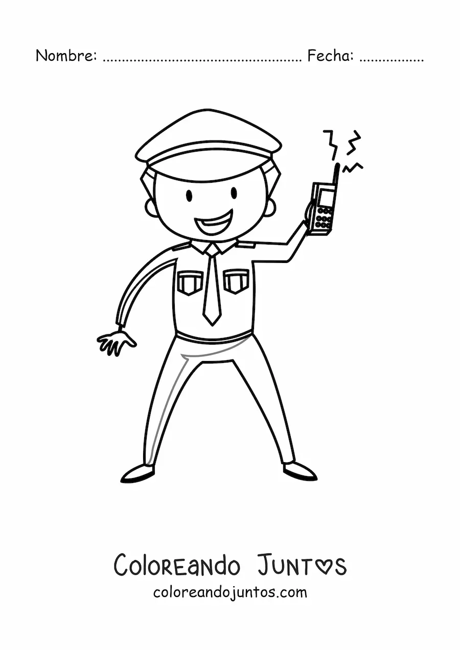 Imagen para colorear de un policía animado sosteniendo un radio