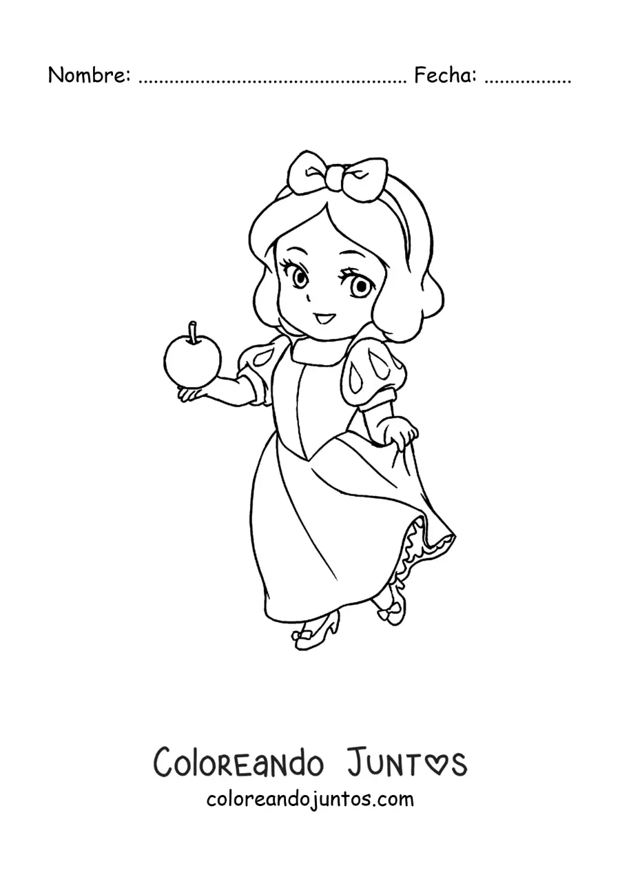Imagen para colorear de Blancanieves kawaii con una manzana