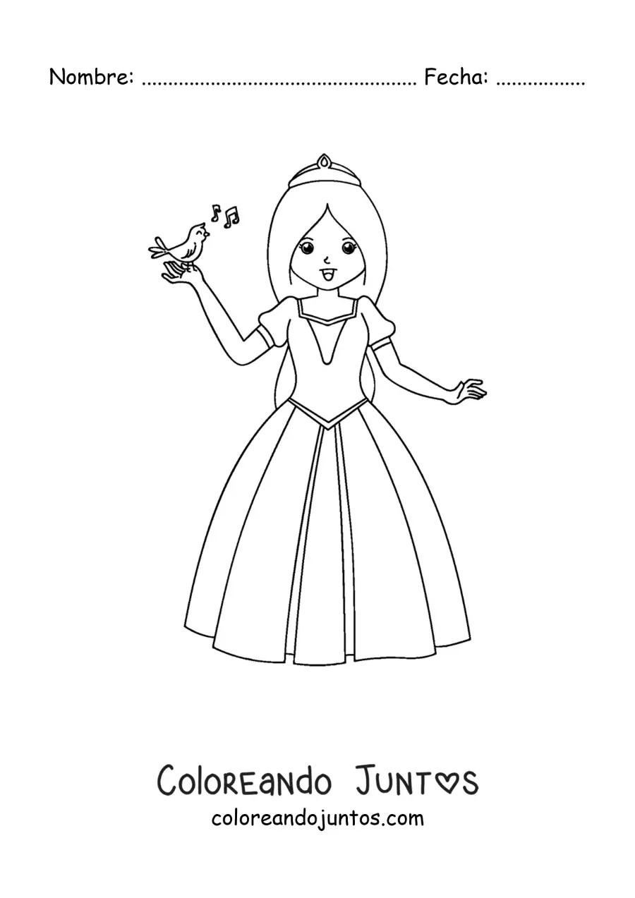 Imagen para colorear de Blancanieves con un ave cantando