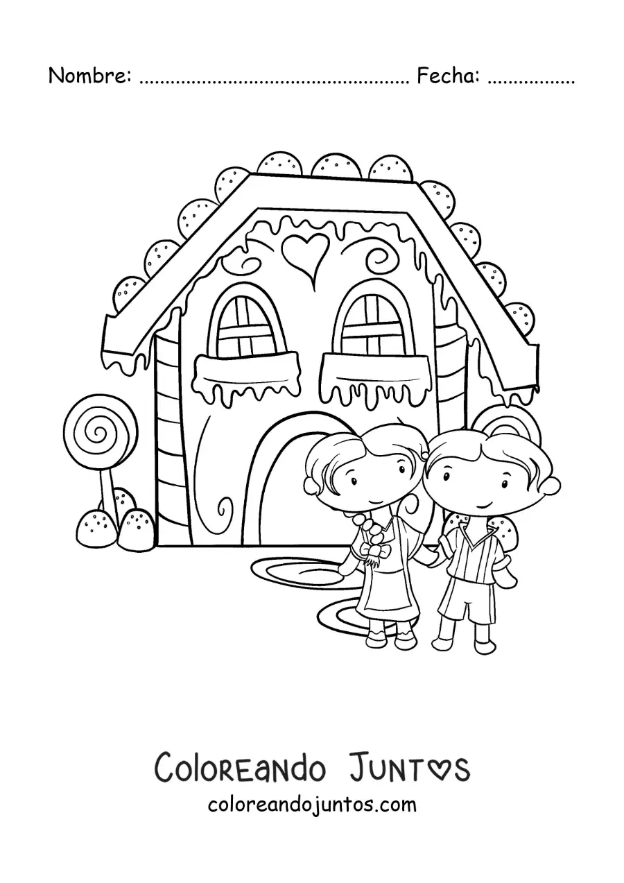 Imagen para colorear de Hansel y Gretel en la casa de dulce