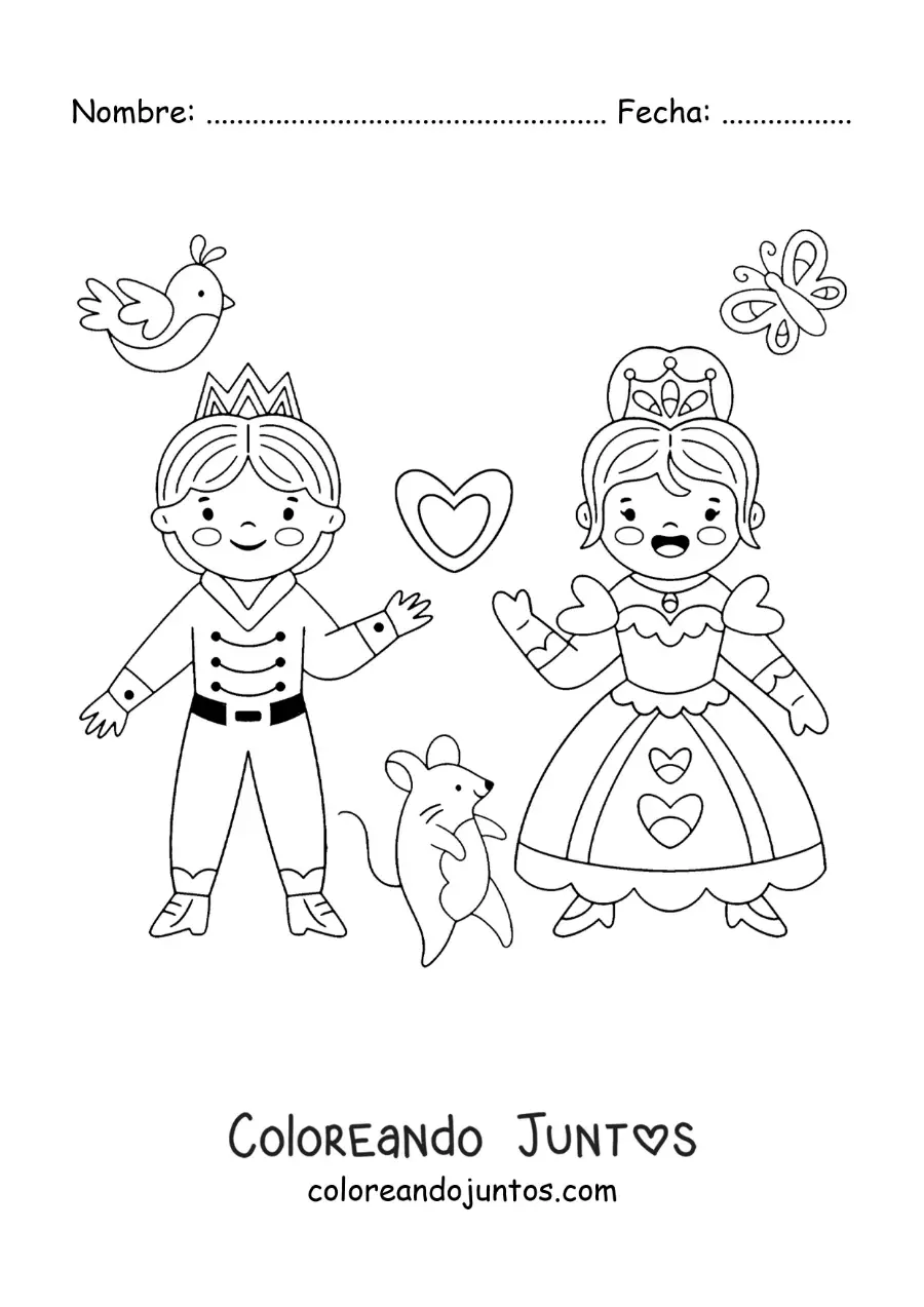 Imagen para colorear de Cenicienta kawaii con el príncipe y un ratón animado