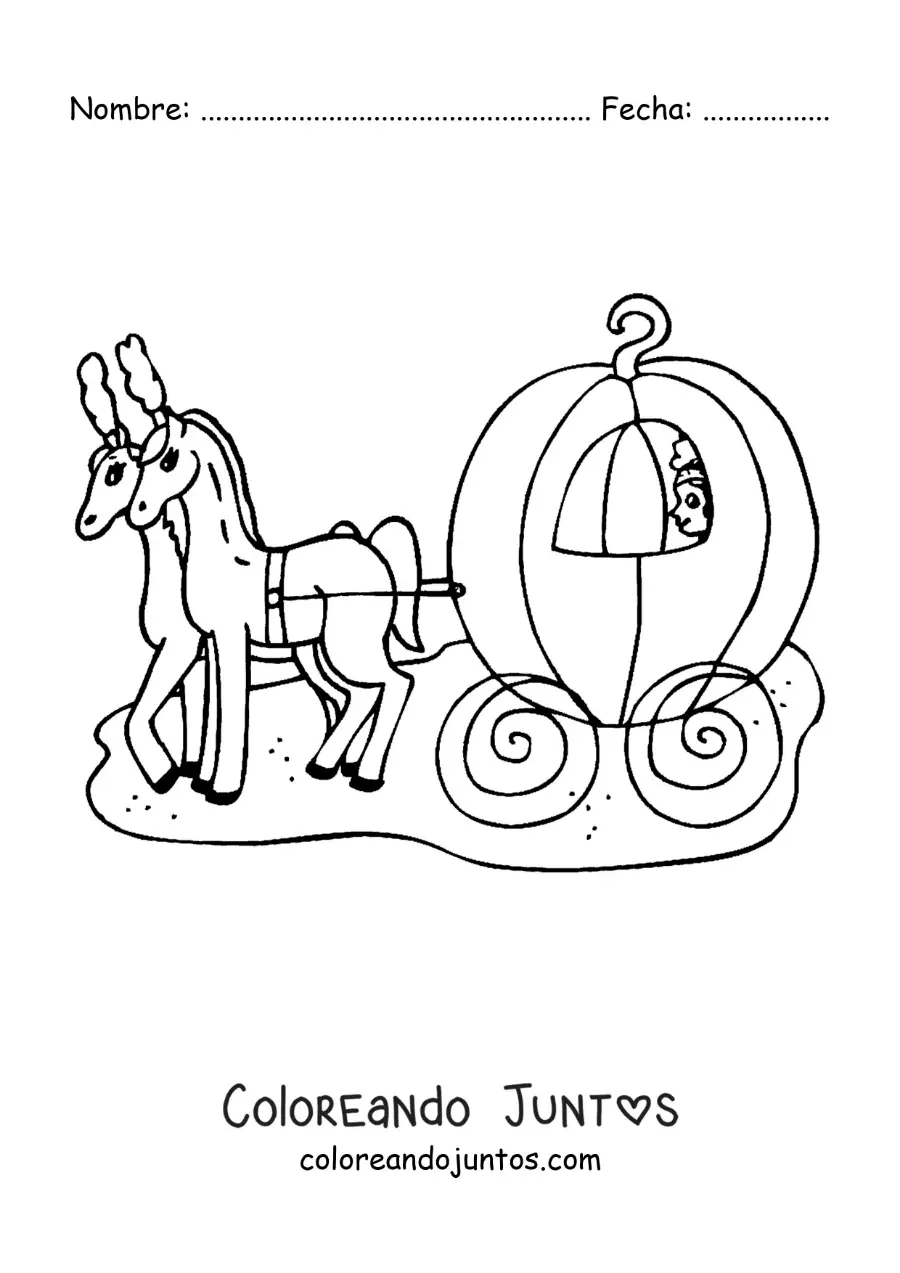 Imagen para colorear de el carruaje de Cenicienta con sus caballos