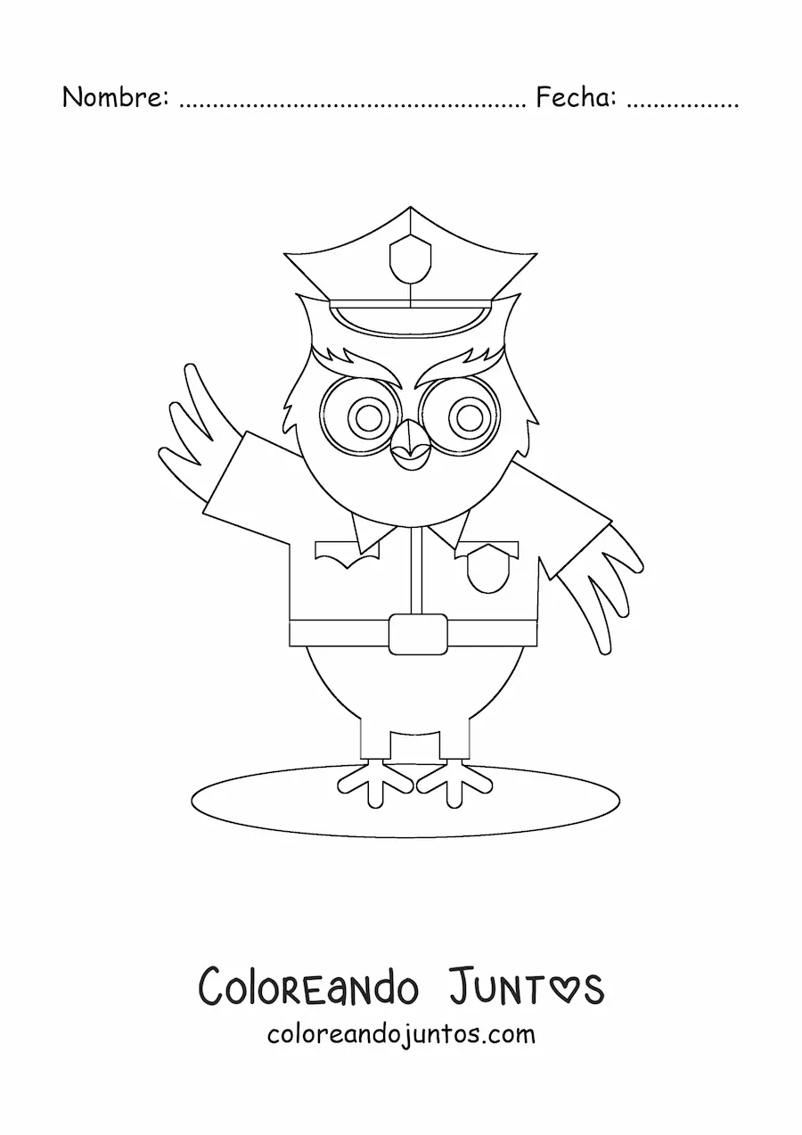 Imagen para colorear de un búho animado con uniforme de policía