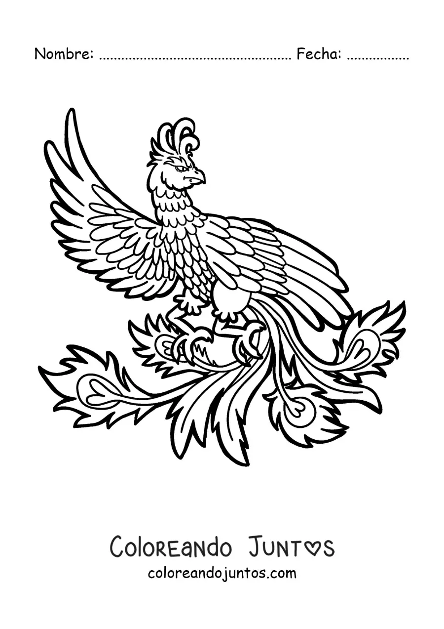 Imagen para colorear de un ave fénix de fuego