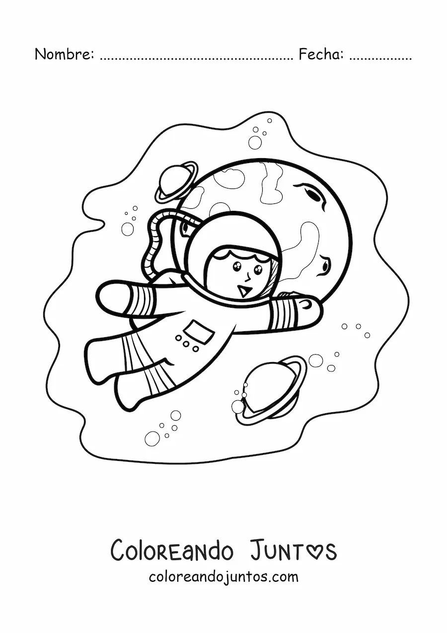 Imagen para colorear de un astronauta kawaii flotando en el espacio