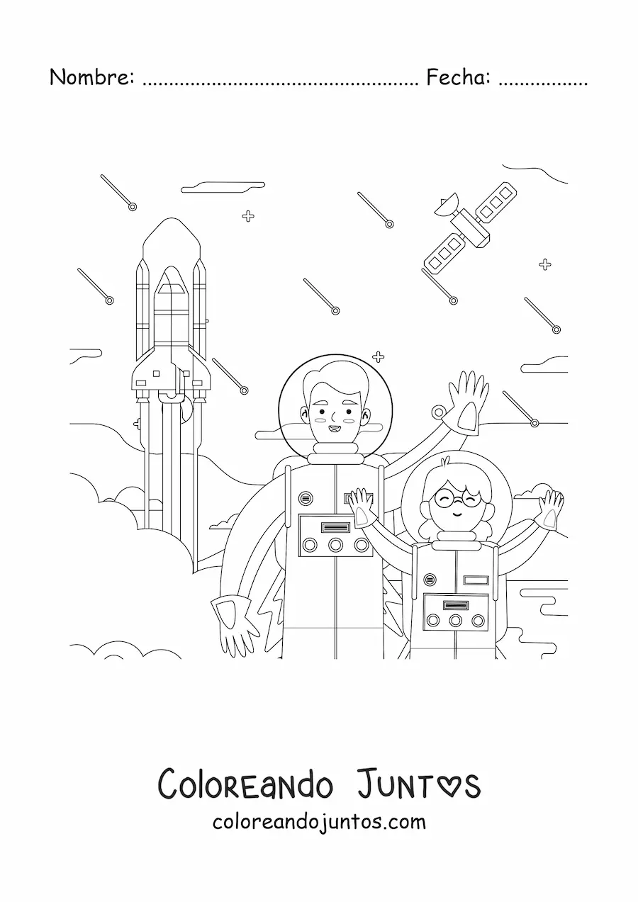 Imagen para colorear de una niña astronauta saludando junto a un astronauta y un cohete despegando