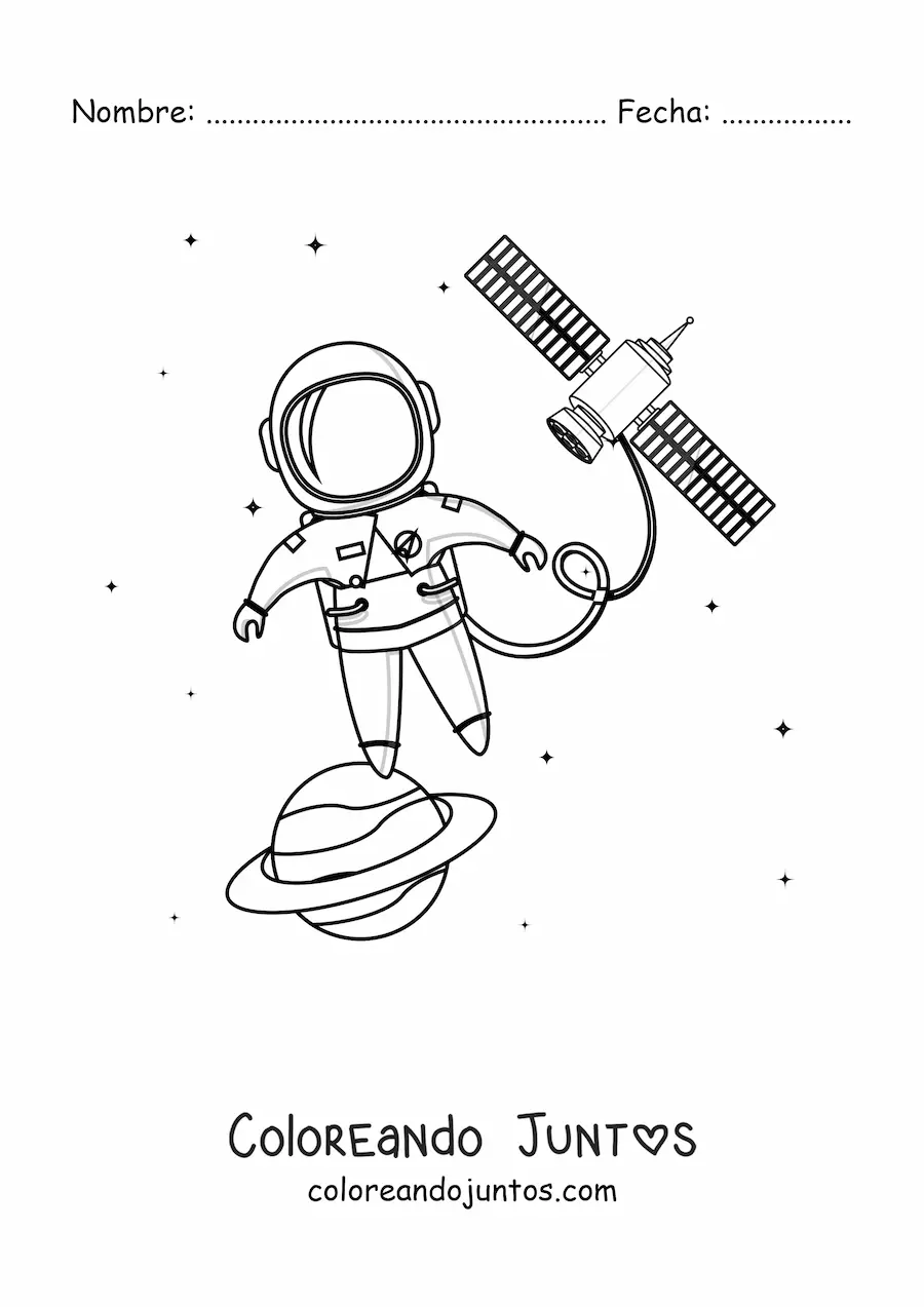 Imagen para colorear de un astronauta en el espacio junto a un satélite