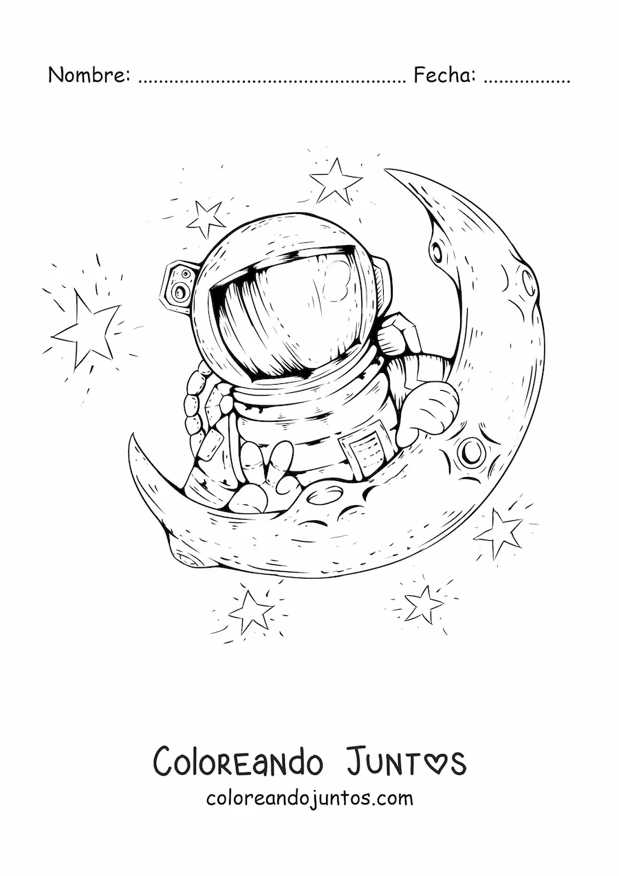 Imagen para colorear de un astronauta asomando sobre media Luna