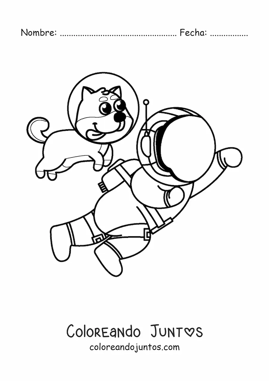 Imagen para colorear de un perro con casco espacial junto a un astronauta animado