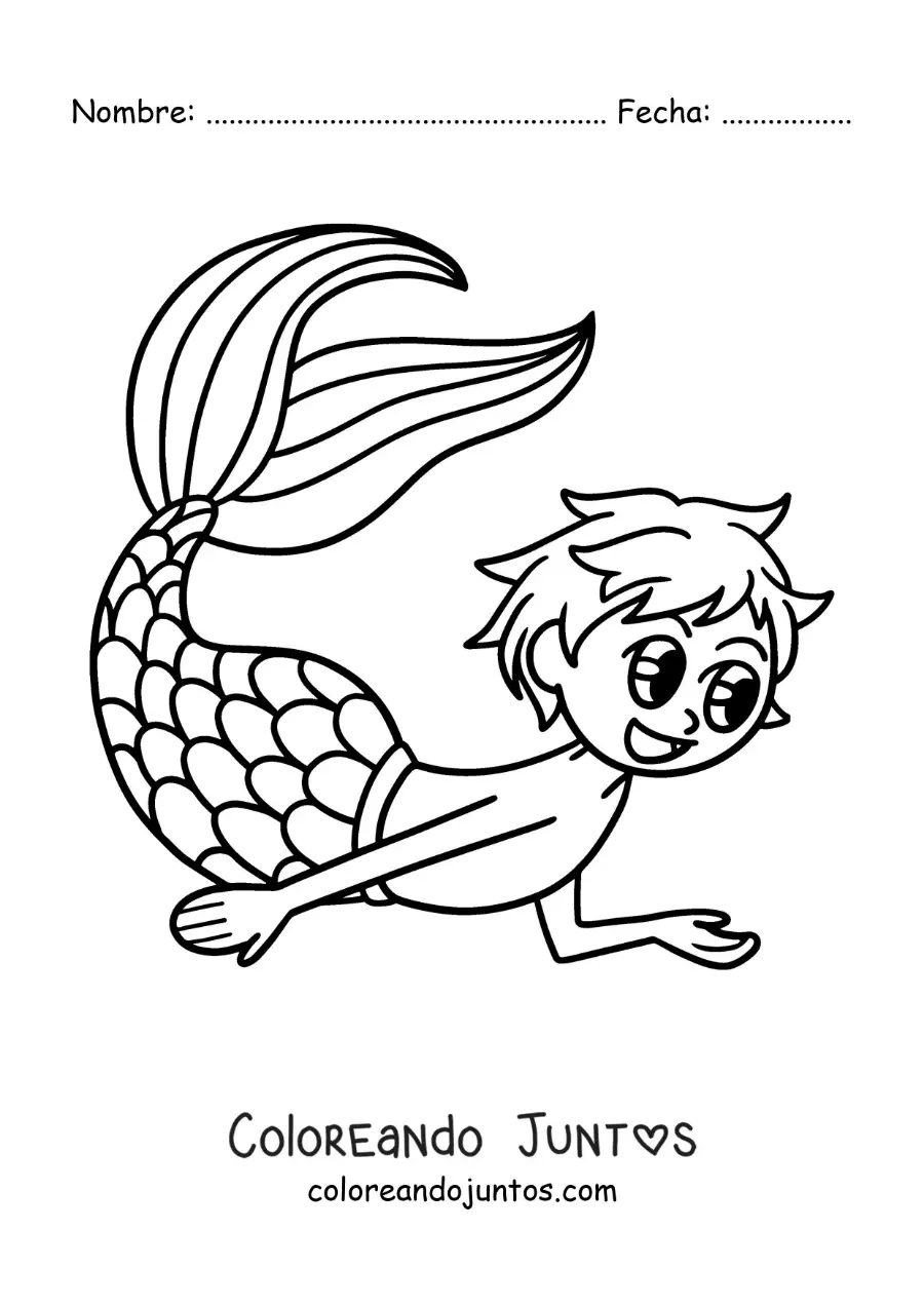Imagen para colorear de un tritón kawaii nadando