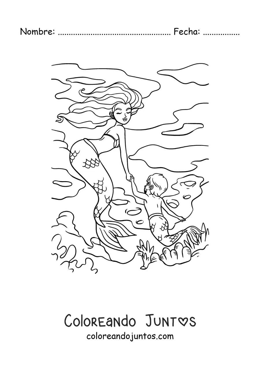 Imagen para colorear de pareja de un tritón y una sirena nadando en el mar