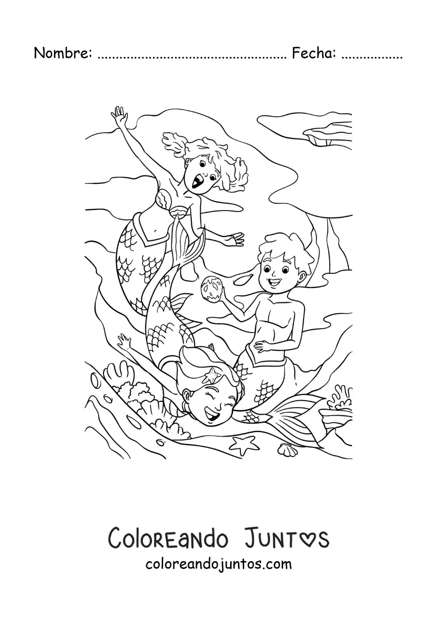 Imagen para colorear de dos sirenas y un tritón jugando en el mar