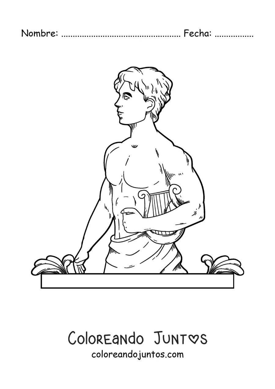 Imagen para colorear del dios Apolo realista con su arpa