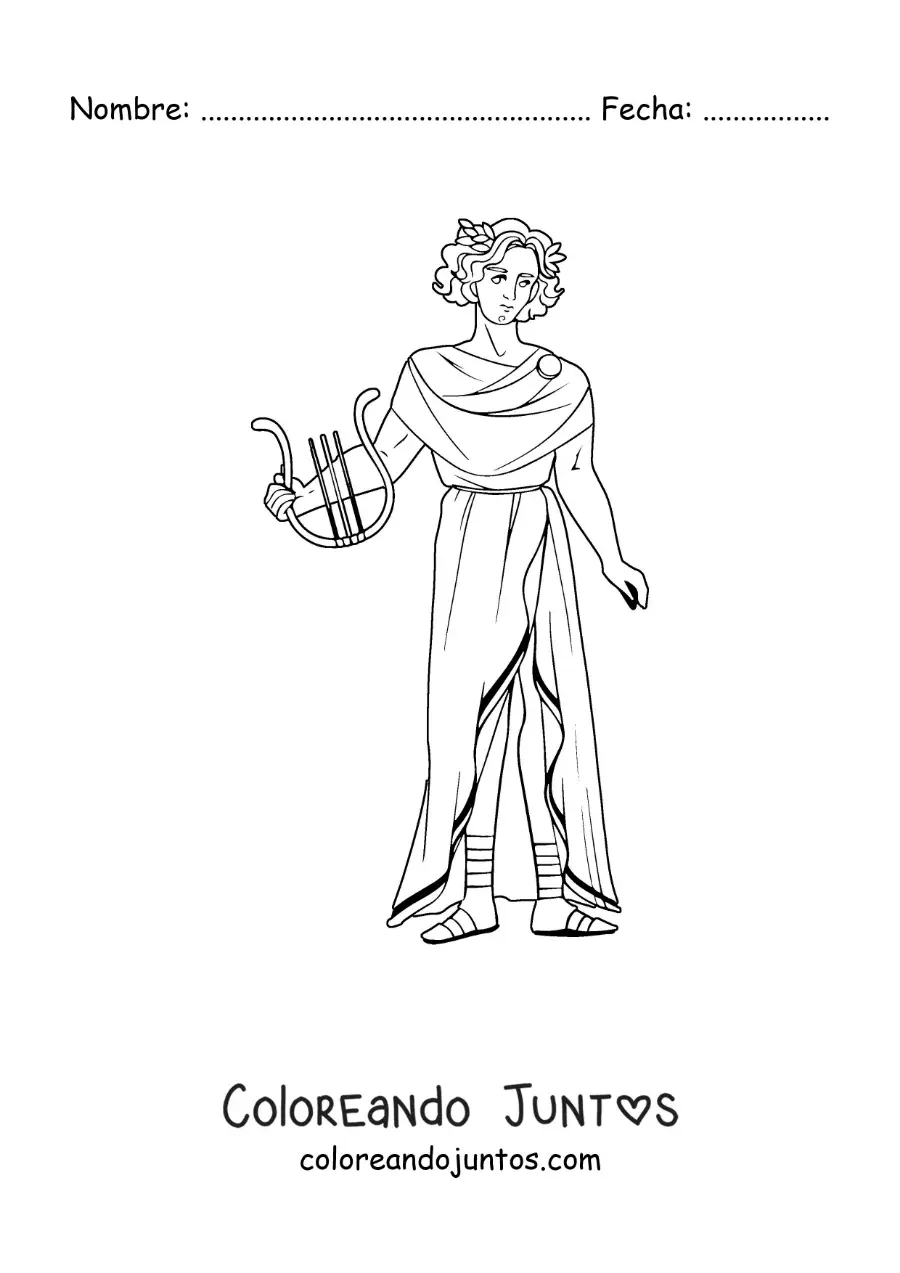 Imagen para colorear de Apolo el dios de la mitología griega con su arpa