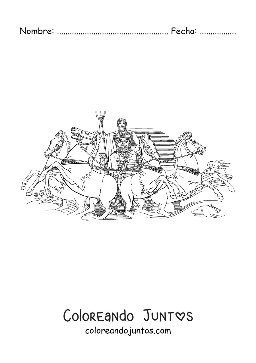 Imagen para colorear del dios Poseidón con su tridente y sus caballos